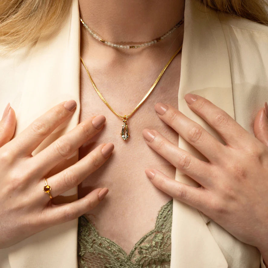 Prasiolith Amethyst Kette gold Anhänger Charm Tropfen Edelstein Kristall Heilstein grün Schmuck