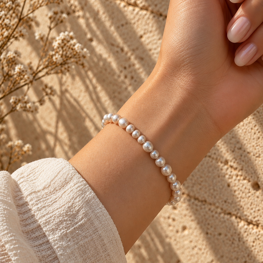 White Pearl – Elastisches Süßwasserperlen Armband