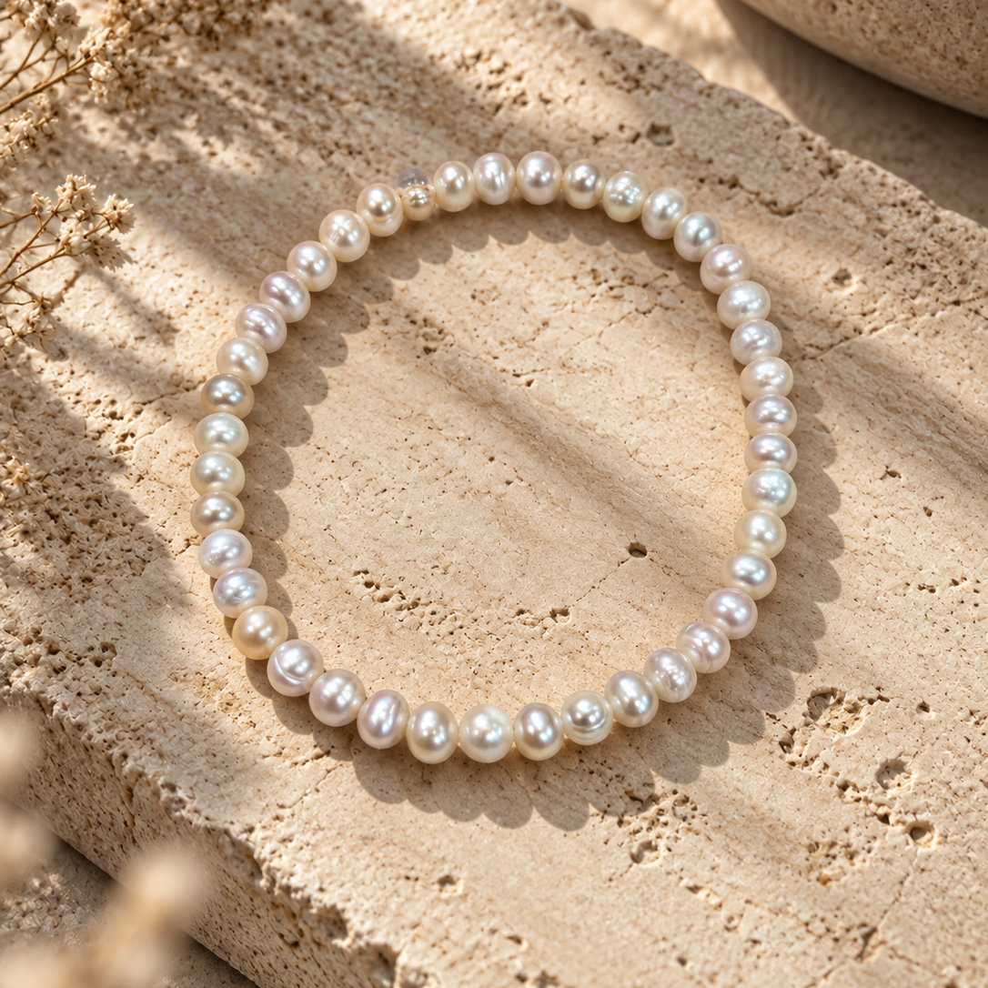 White Pearl – Elastisches Süßwasserperlen Armband