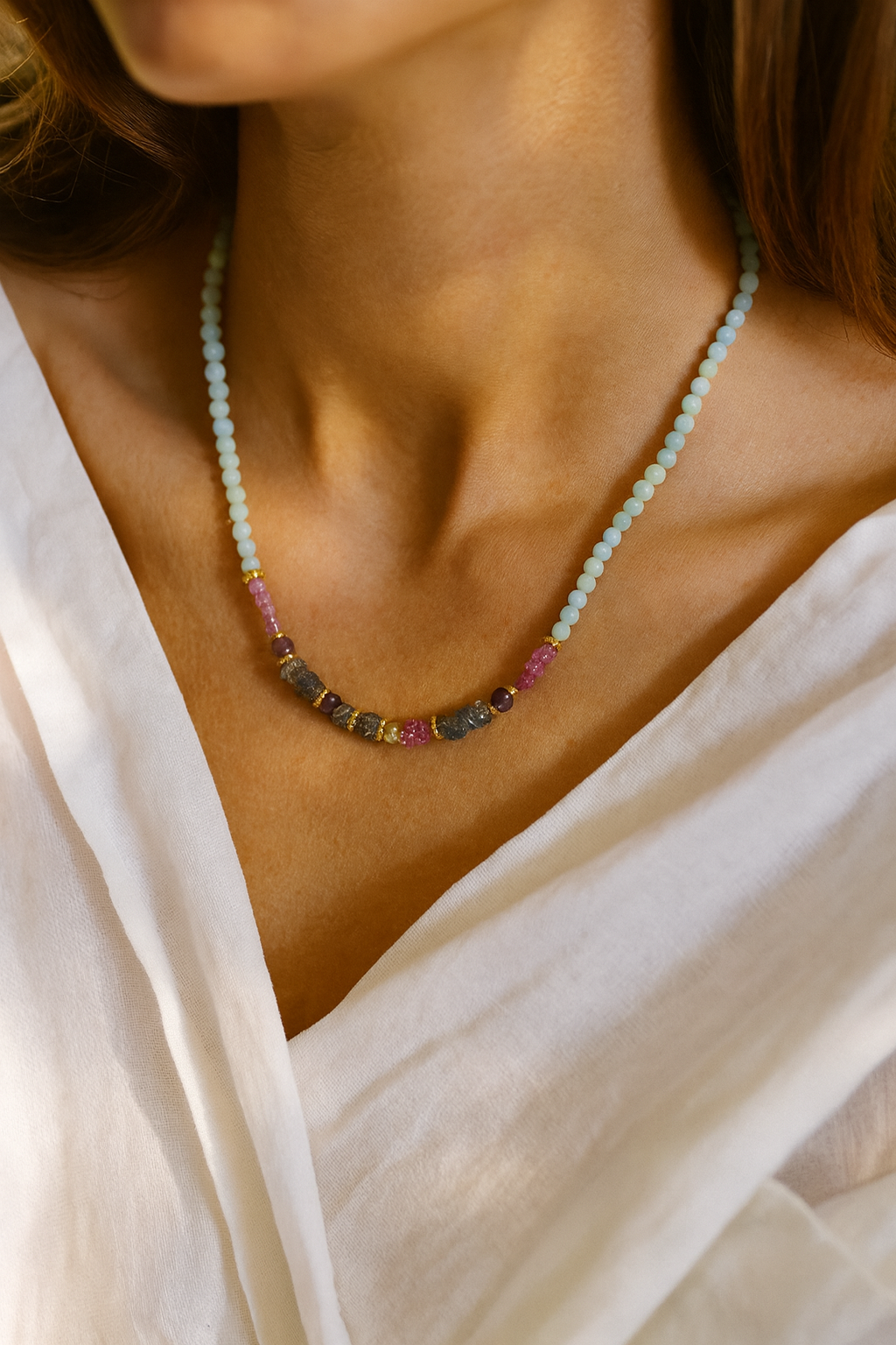 Ayve Kette – Amazonit, Amethyst, Rosa Topas & Labradorit