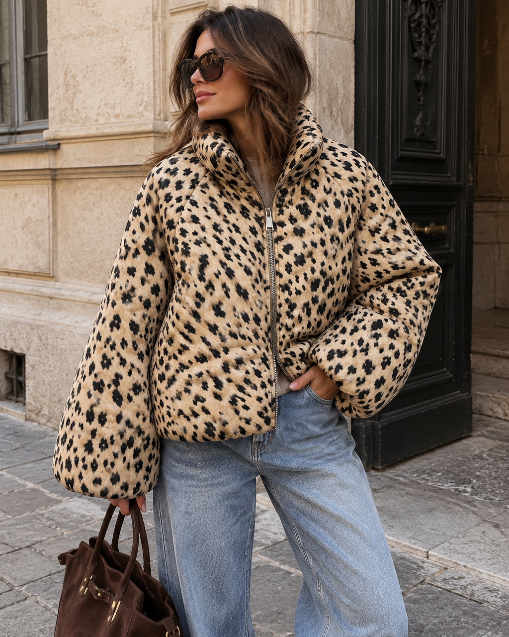 Beige Fawn Puffer Jacke mit dunklem Rehkitzmuster, voluminösen Ballonärmeln, hohem Stehkragen, Reißverschluss und gerafftem Saum.