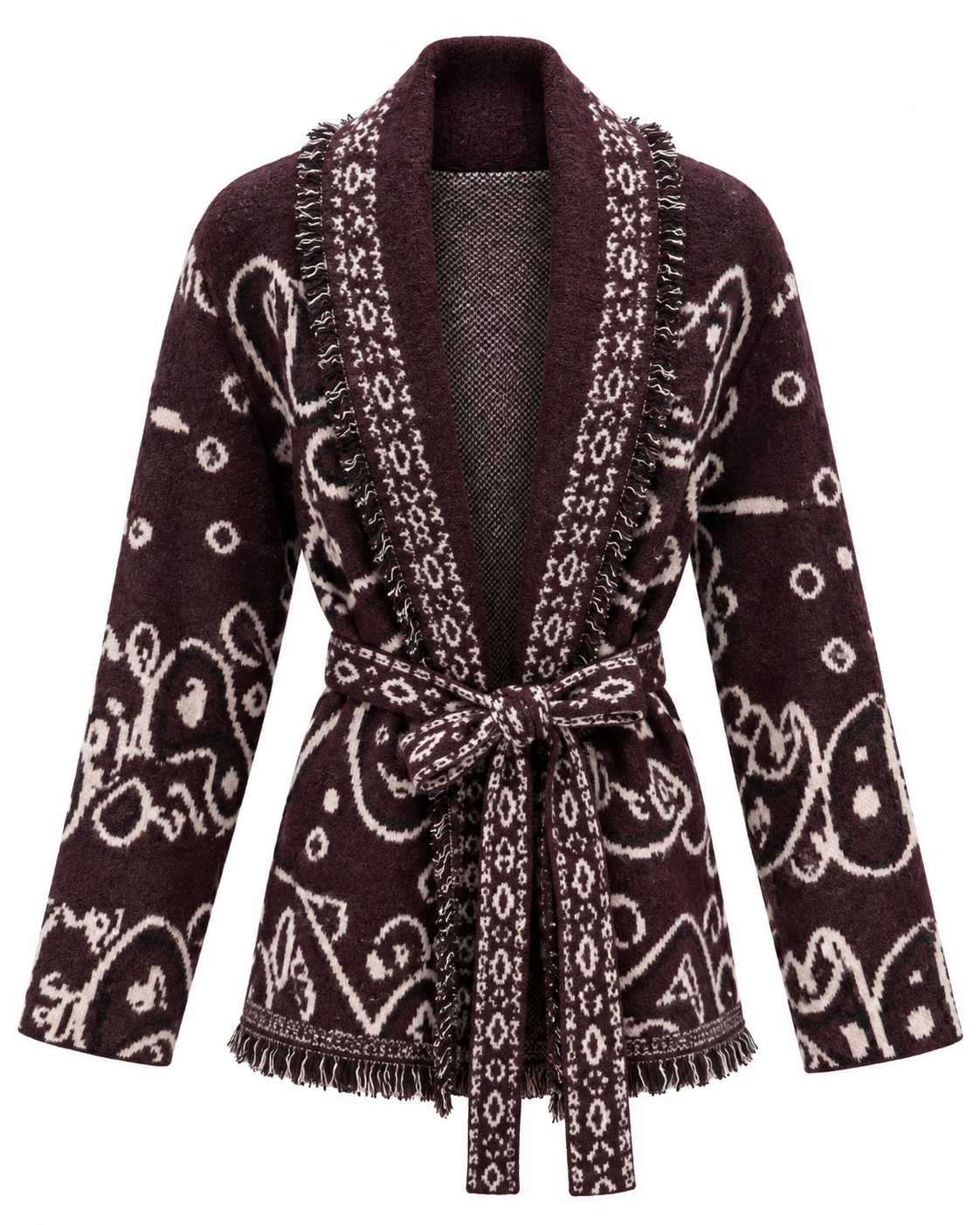 Boho Paisley – Strickcardigan mit Fransen & Bindegürtel