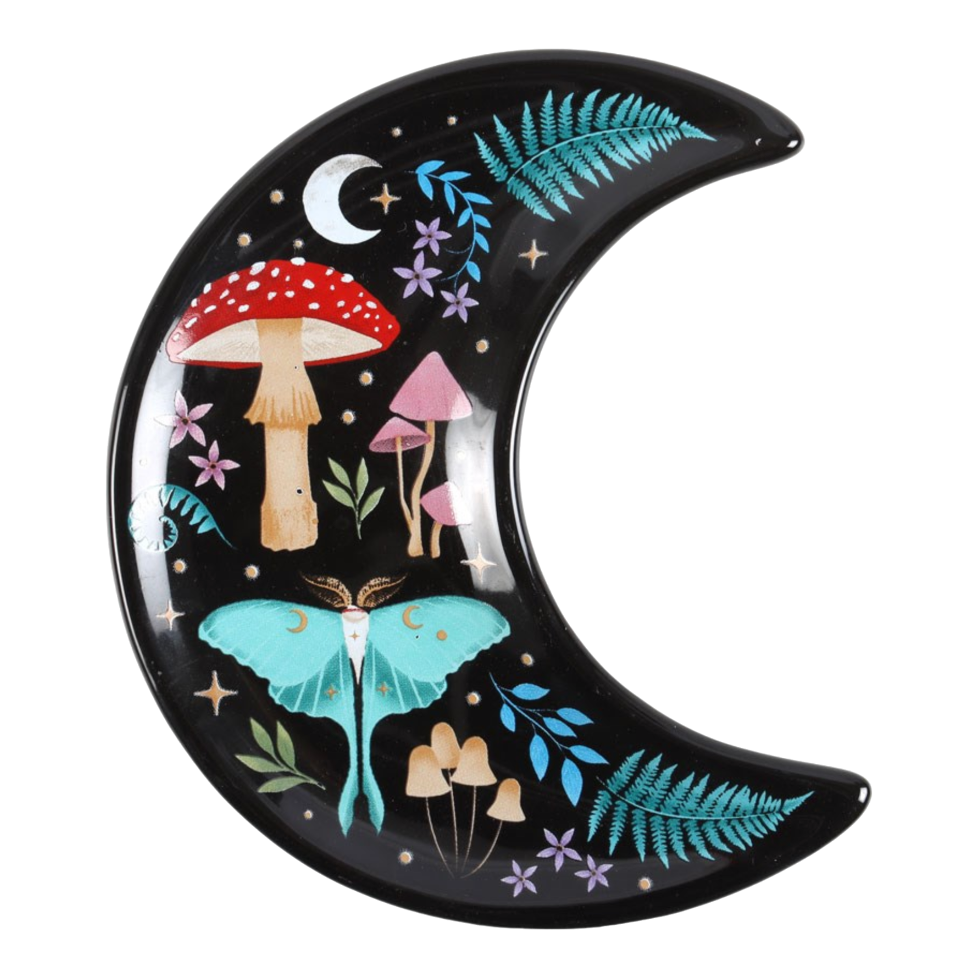 Schmuckschale Teller klein Schmuckablage Deko rund Keramik Annurah deutscher Onlineshop schwarz Pilz Motte Luna Mond Blätter Forest Wald Natur witchy Halbmond Mond Mondphasen