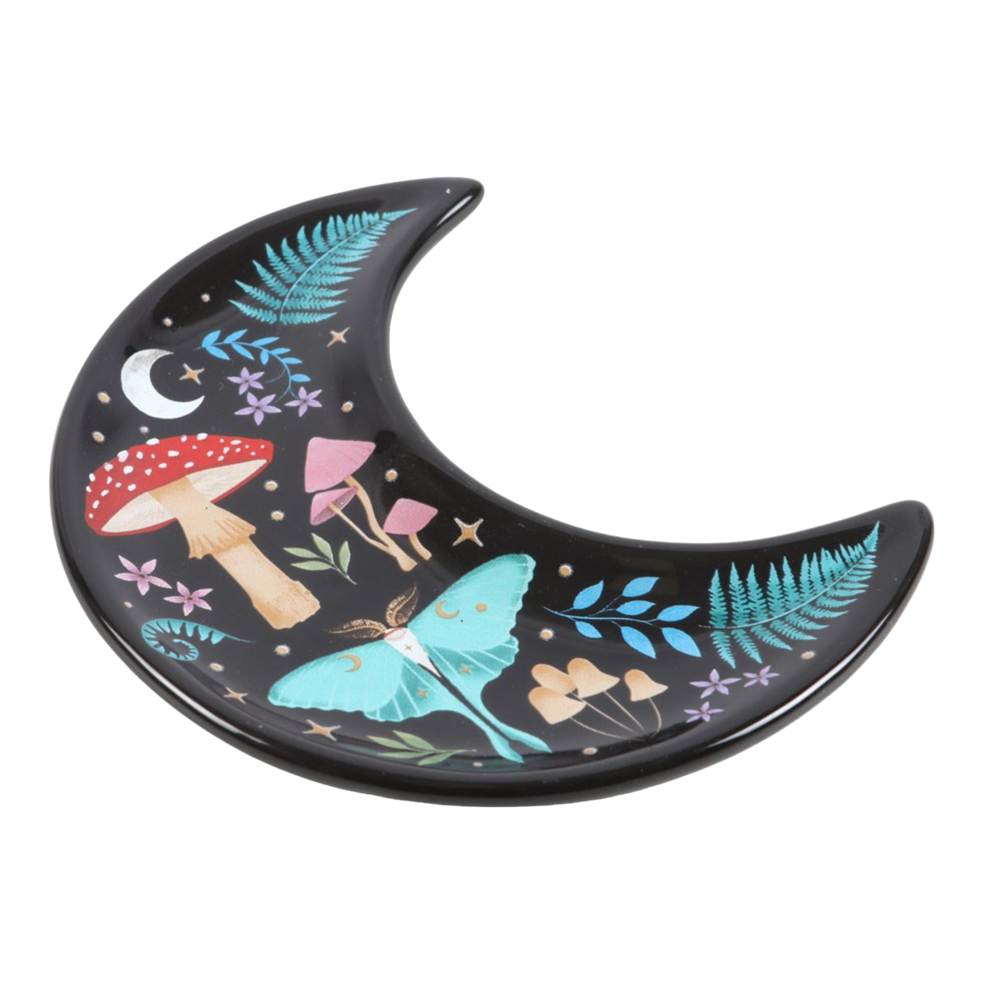 Schmuckschale Teller klein Schmuckablage Deko rund Keramik Annurah deutscher Onlineshop schwarz Pilz Motte Luna Mond Blätter Forest Wald Natur witchy Mond Mondzeichen Halbmond Form