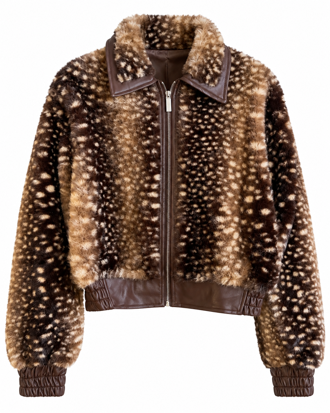 Flauschige Bambi Kunstfelljacke in Dunkelbraun mit beigem Reh-Punktemuster, Reißverschluss, Kragen und elastischen Bündchen. One Size 34–40.