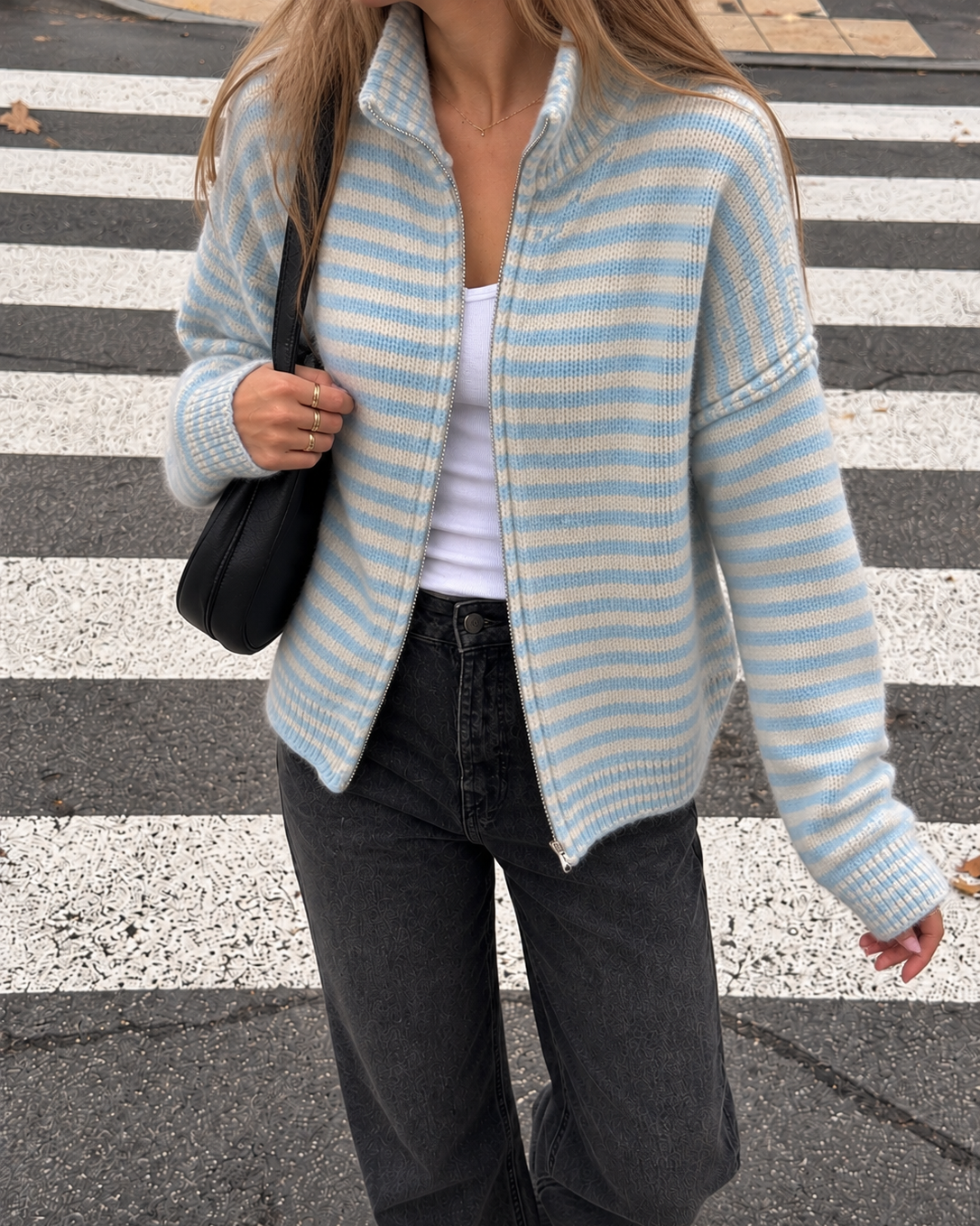 Gestreifte Zipper Strickjacke