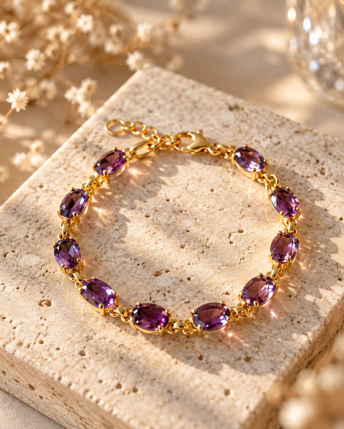 Exklusives Amethyst Armband aus vergoldetem 925 Sterling Silber mit ovalen, facettierten violetten Edelsteinen auf beigem Naturstein mit funkelnden Lichtreflexen.