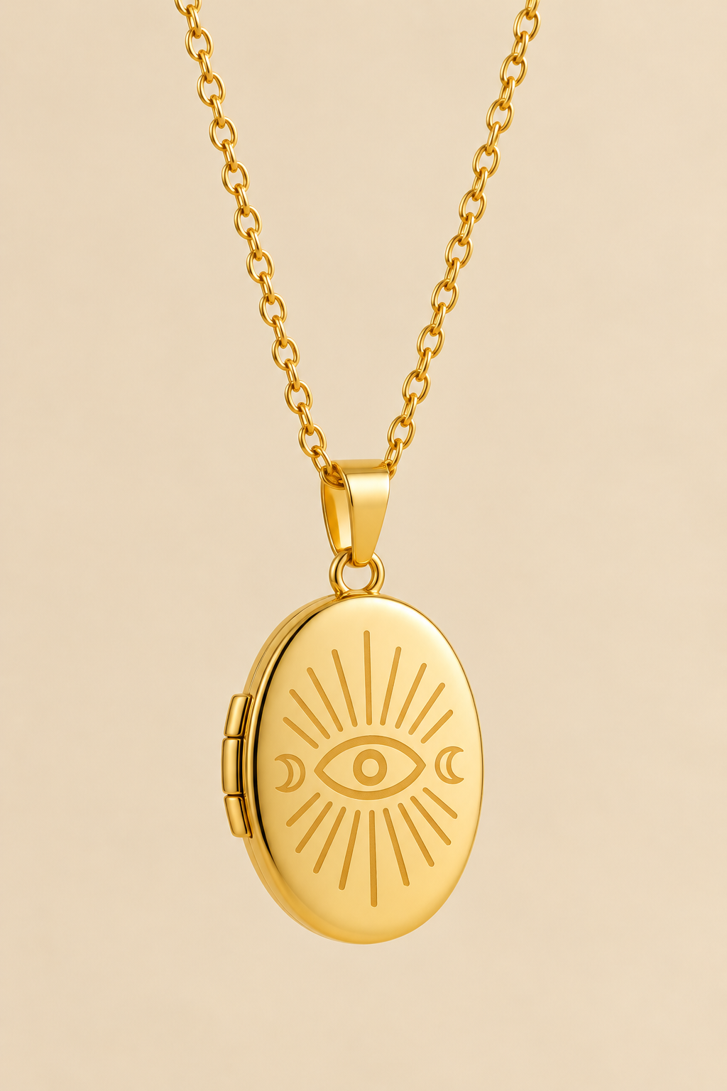 Celestial Secrets – Medaillon Kette mit Sonne, Mond & Schutzauge