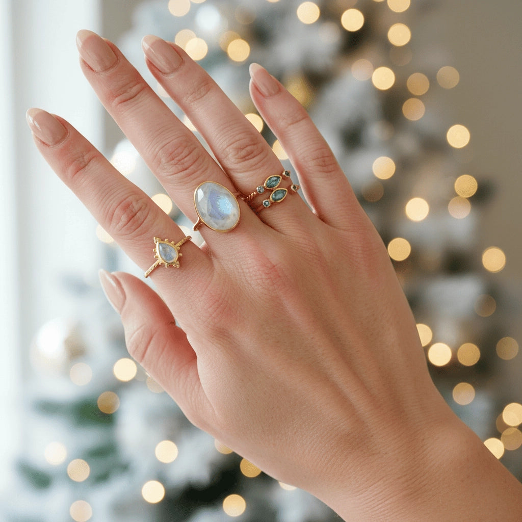 Detailaufnahme des Jaya Rings mit natürlichem Regenbogen-Mondstein