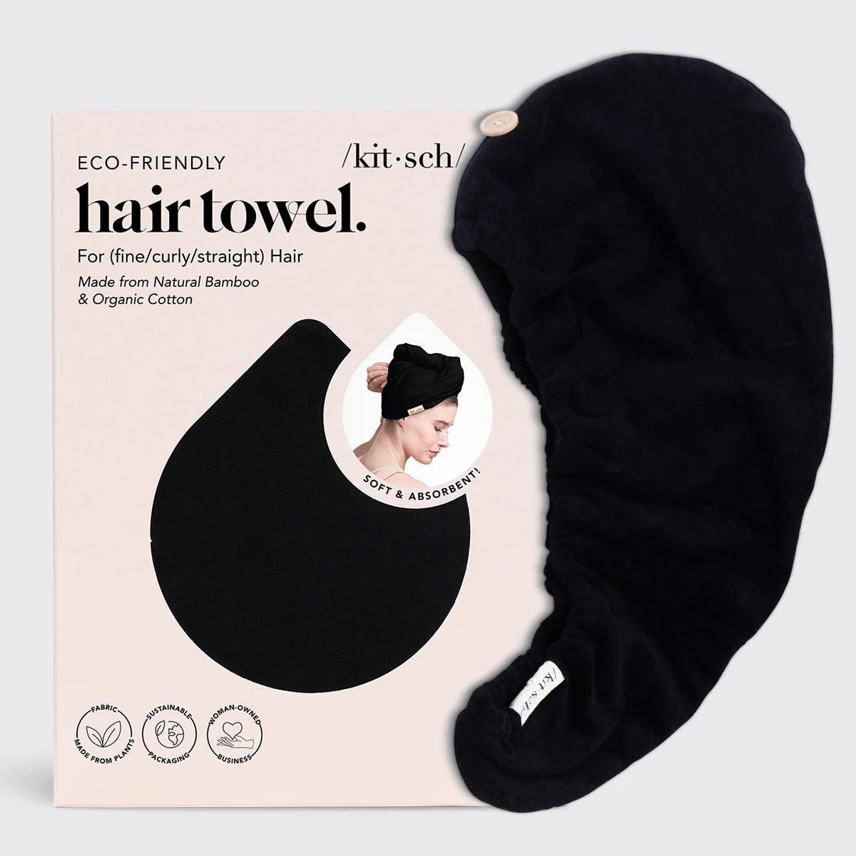 Kitsch Schnelltrocknender Baumwoll Haarturban – Schwarz