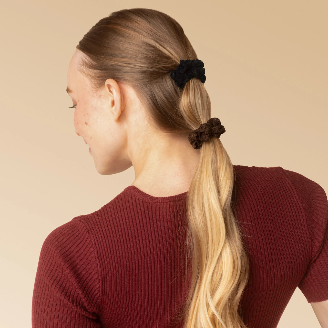 Kitsch Geraffte Spitzen-Scrunchies 5er-Set – Schwarz, Schokolade & Mokka