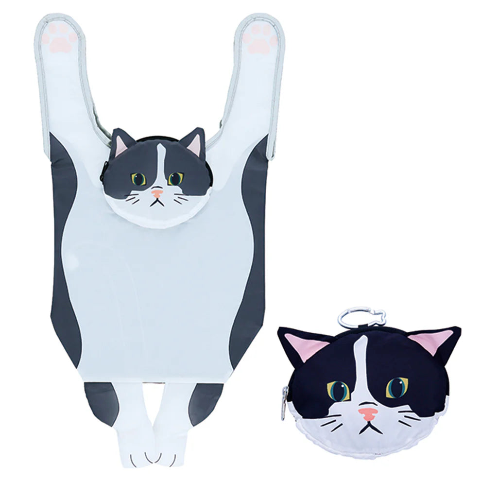Marushin Yup! Hanging Black & White Cat Eco Bag – Faltbare Einkaufstasche mit Katzen Motiv