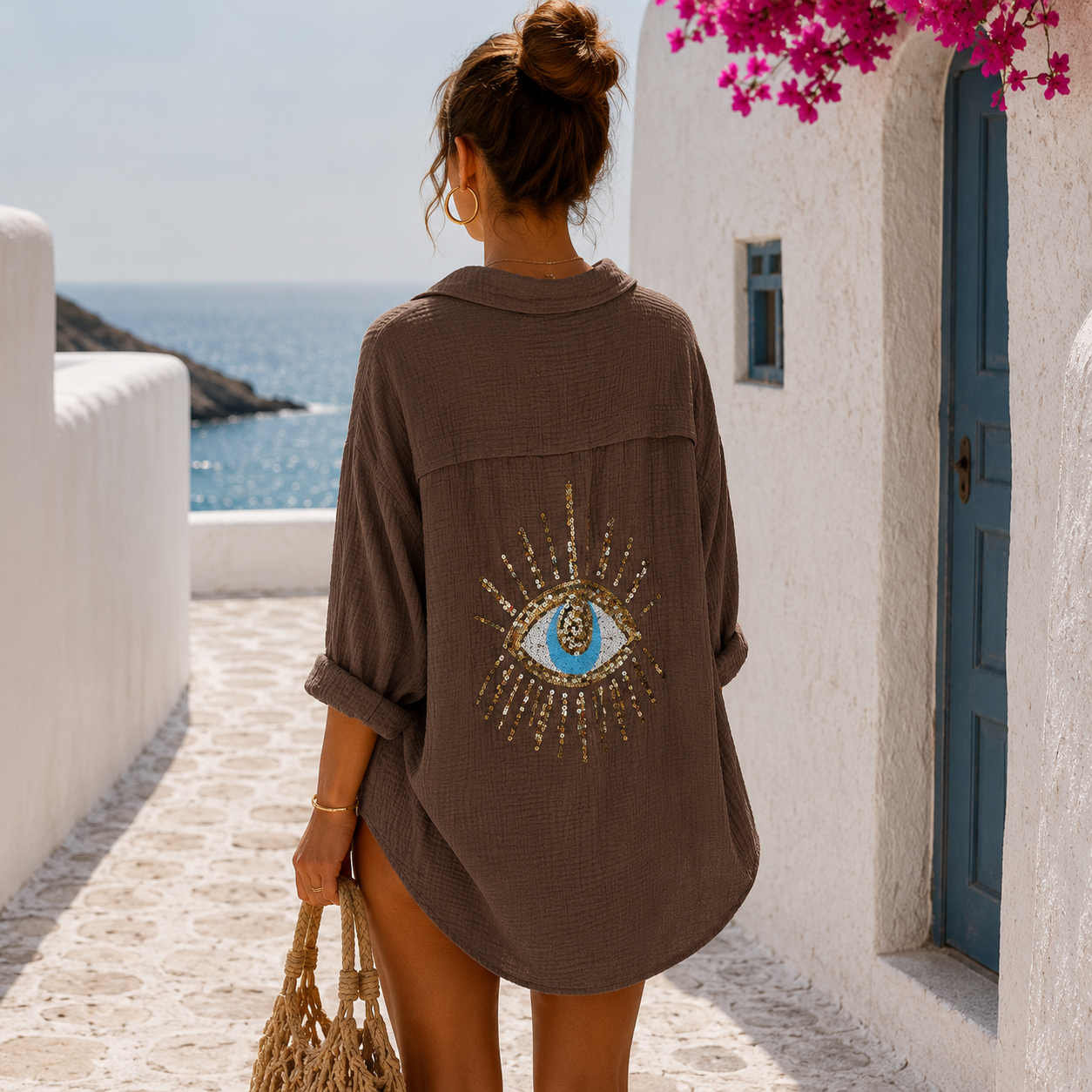 Oversize Musselin Bluse mit Pailletten Auge – Schoko