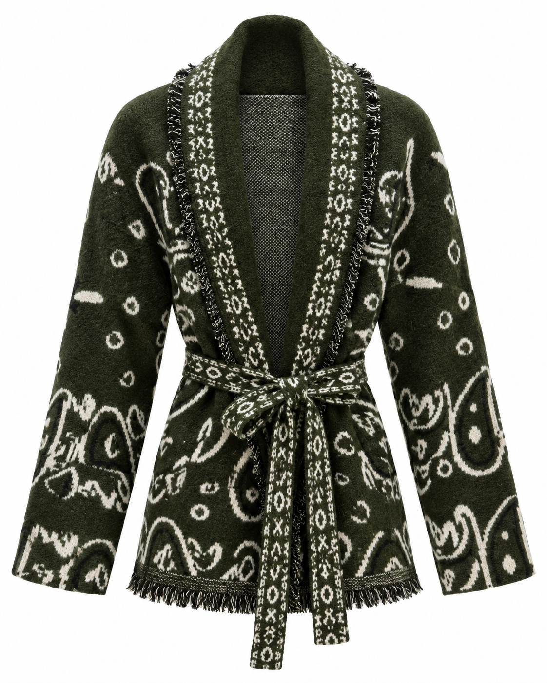 Boho Paisley – Strickcardigan mit Fransen & Bindegürtel