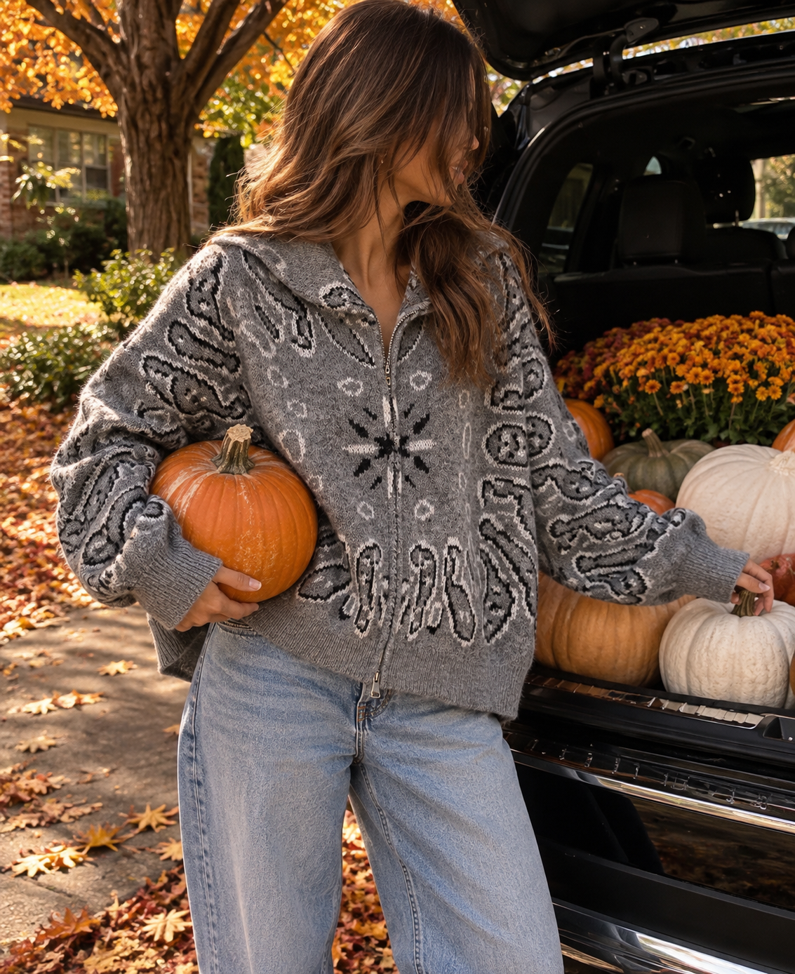 Paisley Zip Cardigan – Grau