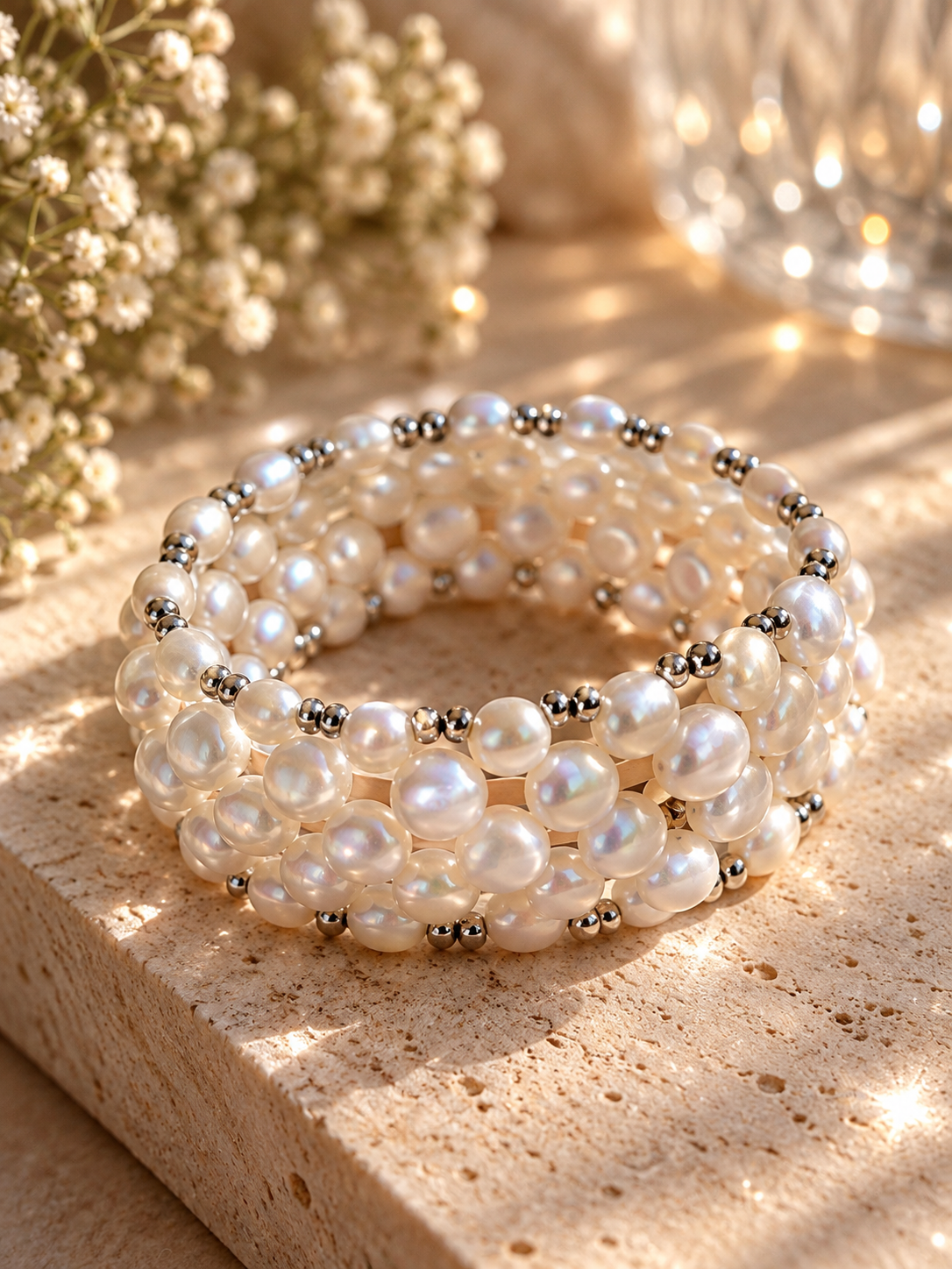 Mehrreihiges Süßwasserperlen Armband mit cremeweißen, schimmernden Perlen und silberfarbenen Zwischenperlen auf hellem Naturstein.