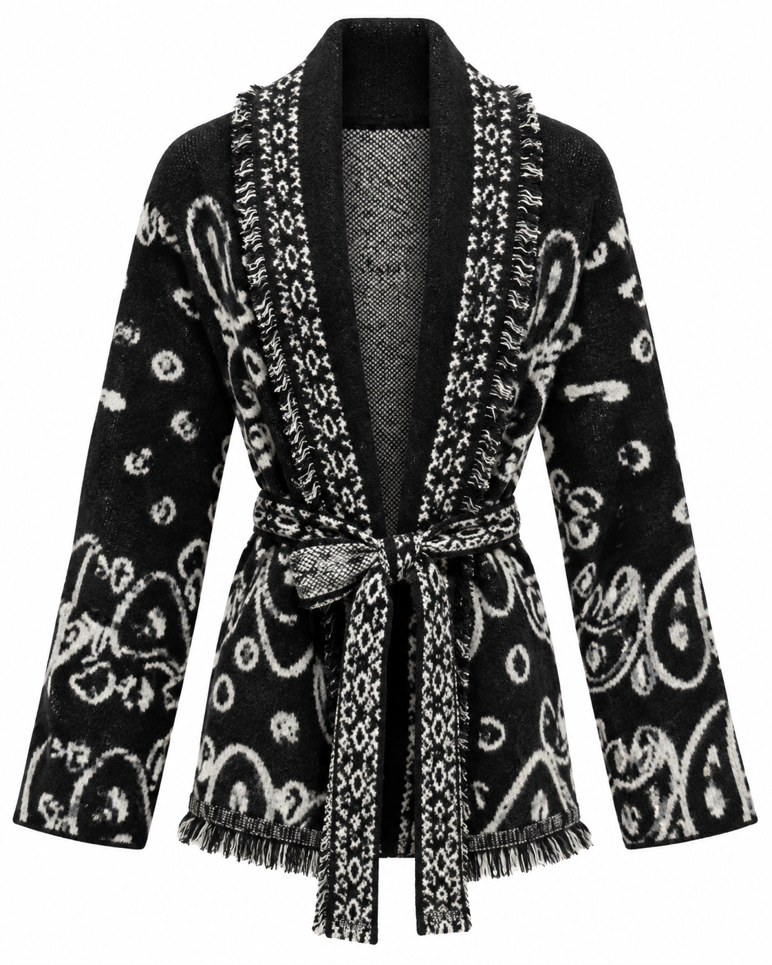 Boho Paisley – Strickcardigan mit Fransen & Bindegürtel