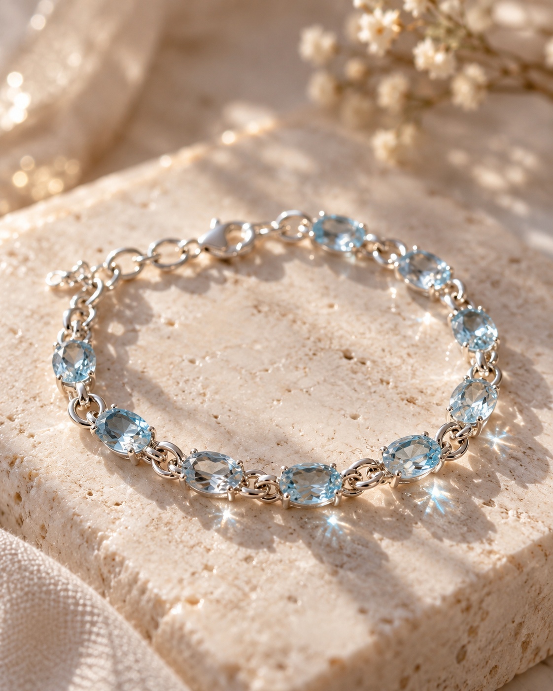 Exklusives Sky Blue Topas Armband aus 925 Sterling Silber mit ovalen, facettierten hellblauen Edelsteinen auf beigem Naturstein mit funkelnden Lichtreflexen.