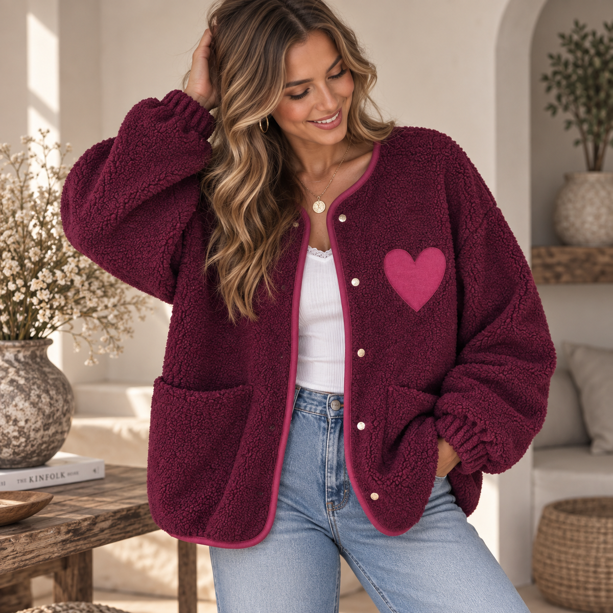 Teddy Jacke Bordeaux mit Herzdetail