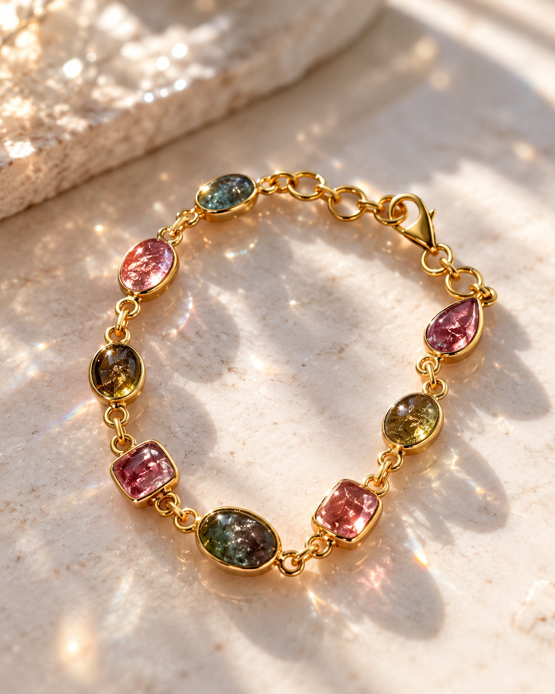 Hochwertiges Turmalin Armband aus vergoldetem 925 Sterling Silber mit natürlichen rosa und grünen Edelsteinen in verschiedenen Formen.