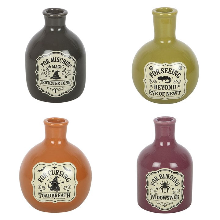 4er Set Keramik 2in1 Kerzenhalter und Vasen im Hexen-Apotheken-Stil