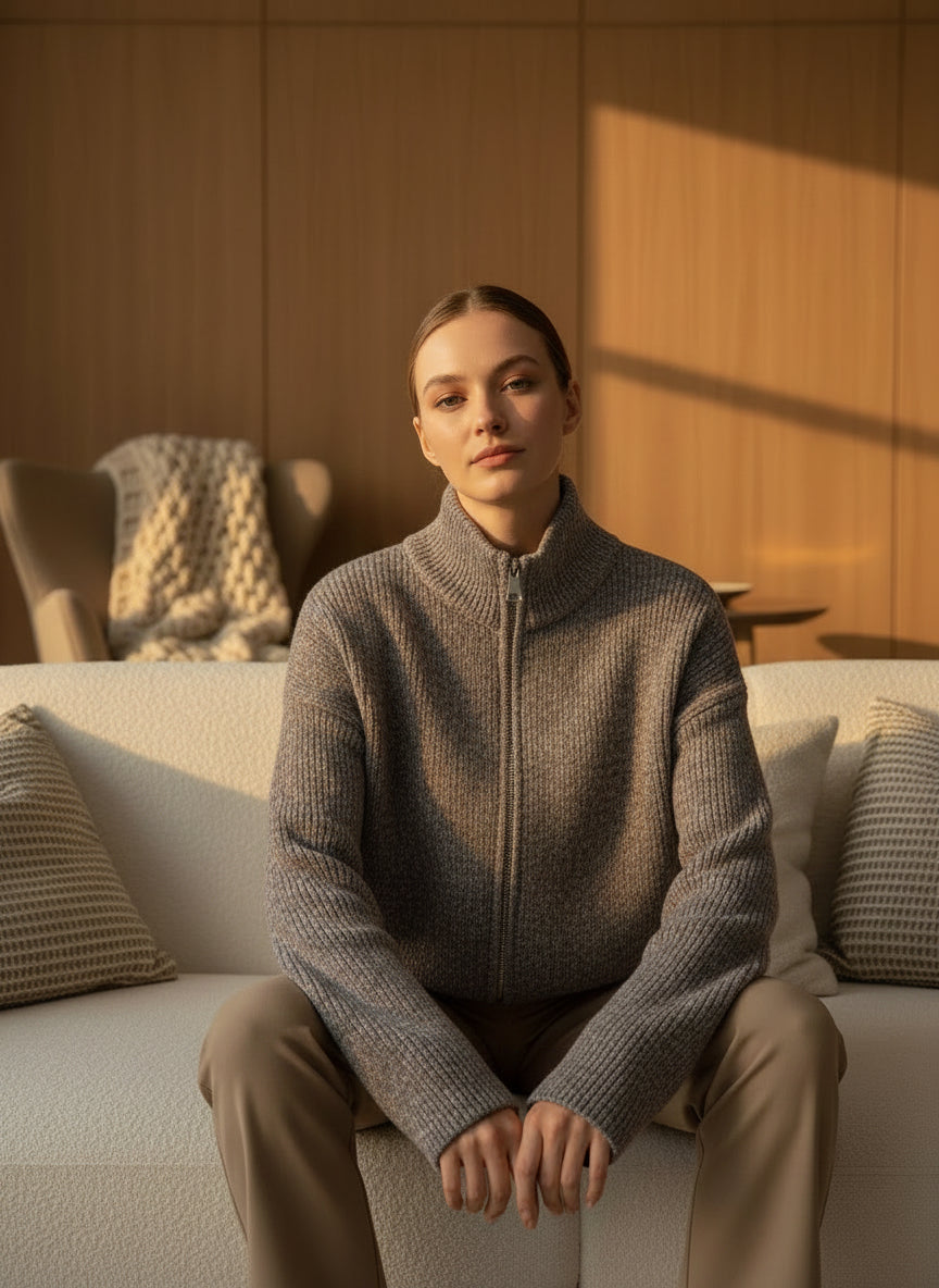 Taupe Zipper Strickjacke