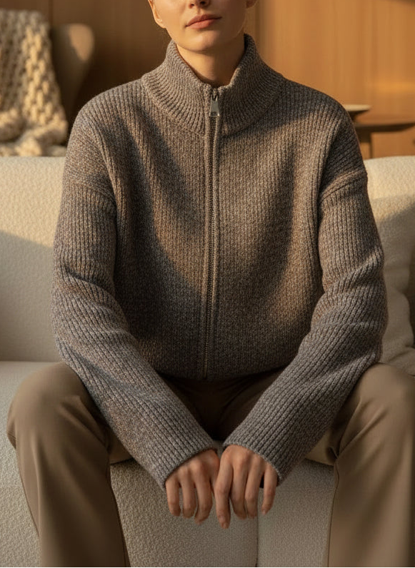 Taupe Zipper Strickjacke