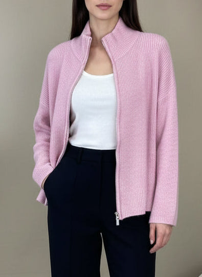 Mittleres Rosa Zipper Strickjacke