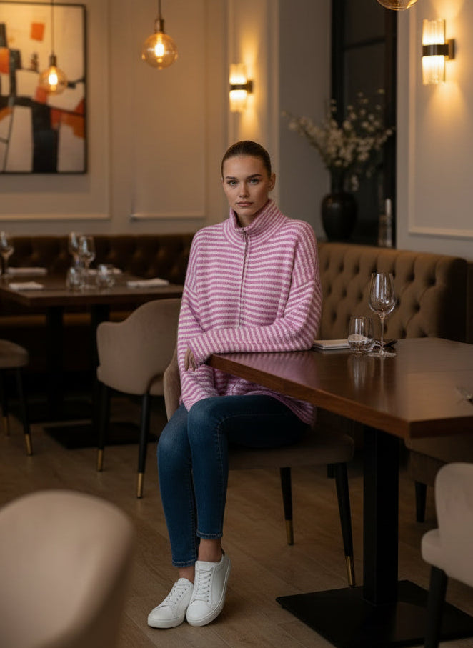 Pink gestreifte Zipper Strickjacke