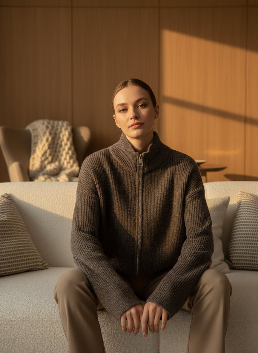 Schoko Braune Zipper Strickjacke