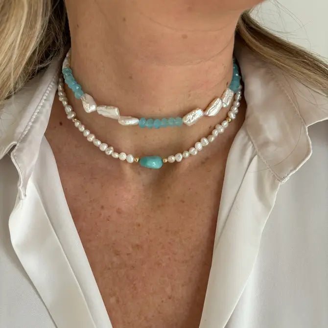 Amazonit & Süßwasserperlen Choker – 18k Vergoldeter Edelstahl – Handgefertigter Statement-Schmuck aus Italien