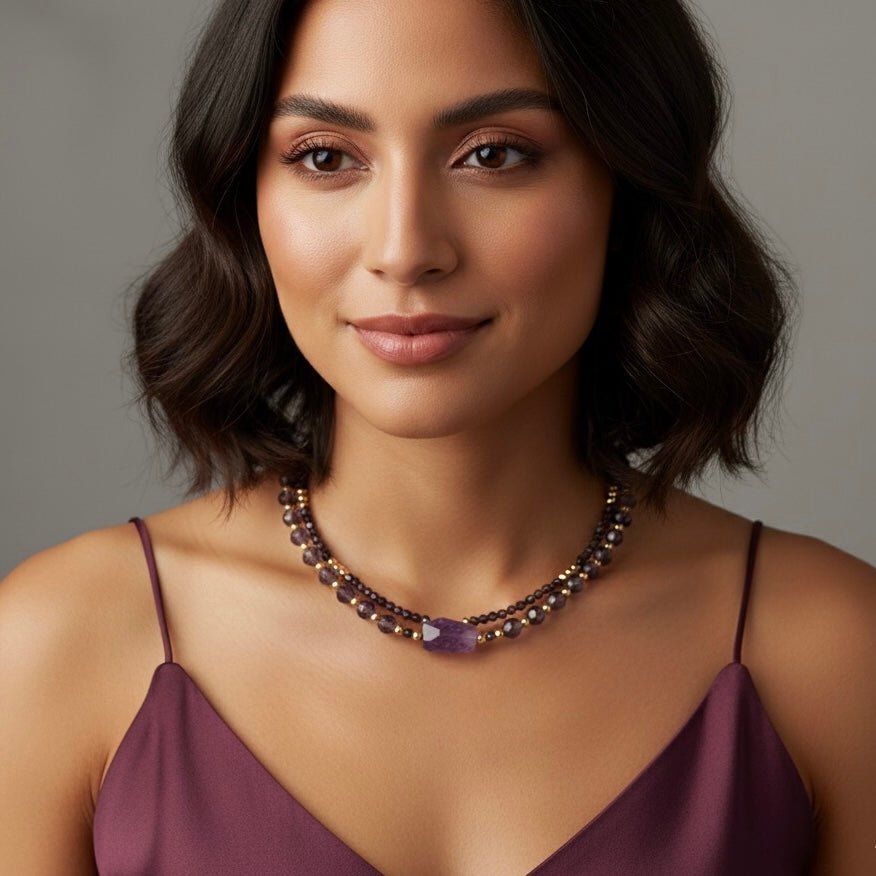 Amethyst Doppel-Collier – Violette Kristalle & Naturstein – 18k Vergoldet – 45 cm