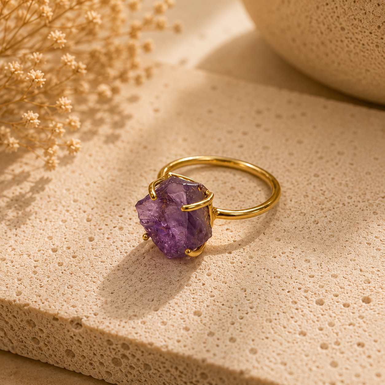 Vergoldeter Amethyst Rohstein Ring Gr. 58 – Edelsteinring Damen
