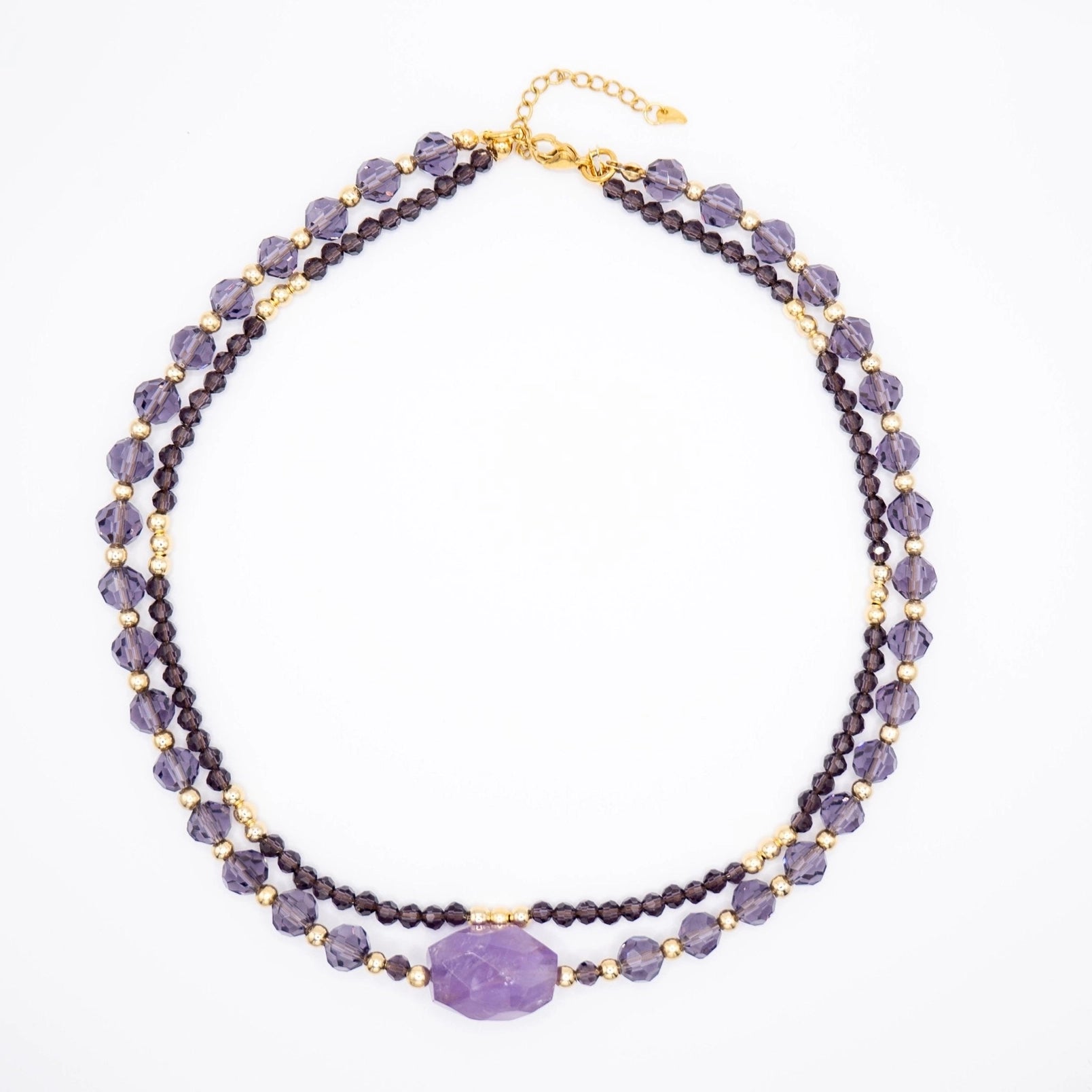 Amethyst Doppel-Collier – Violette Kristalle & Naturstein – 18k Vergoldet – 45 cm