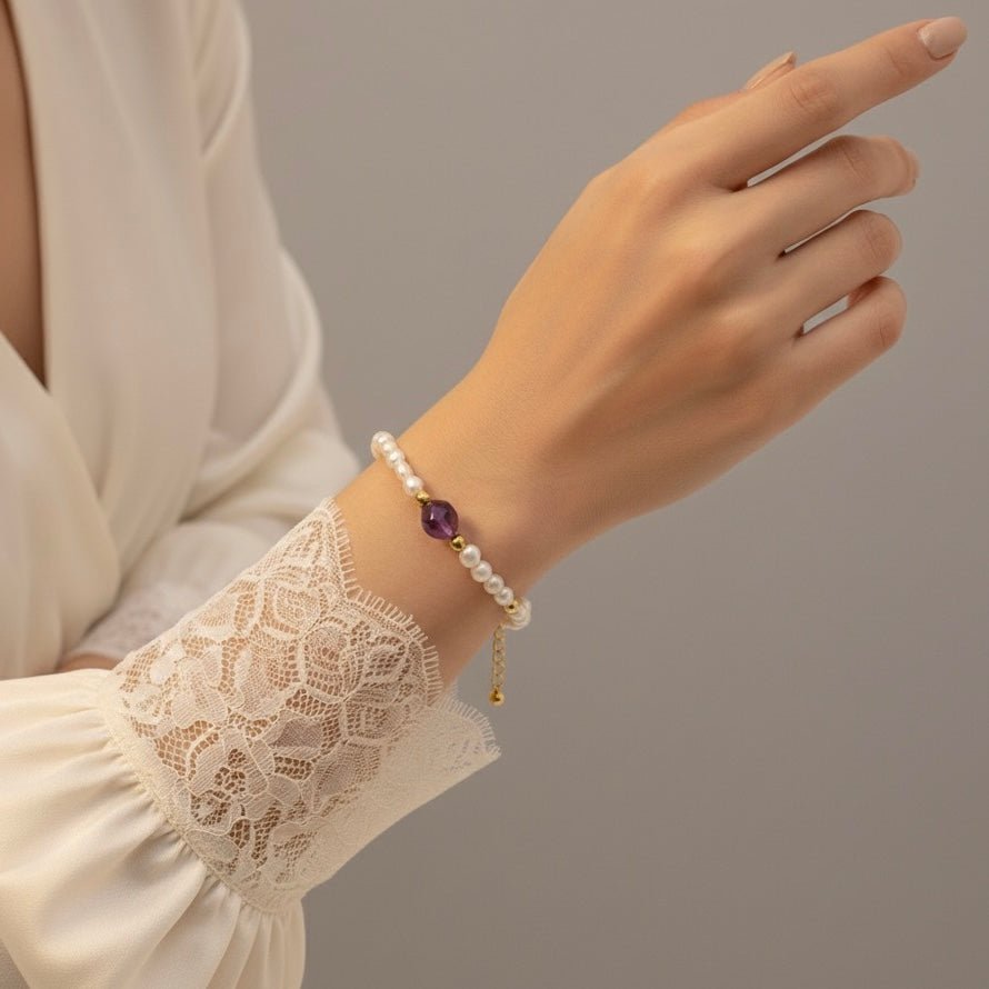 Amethyst & Süßwasserperlen Armband – 18k Vergoldeter Edelstahl – Handgefertigt in Italien