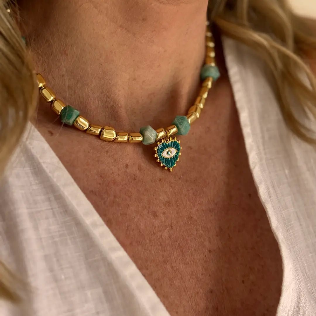 Auge des Meeres – Halskette mit Amazonit, Hämatit & Schutz-Anhänger – 18k Vergoldet