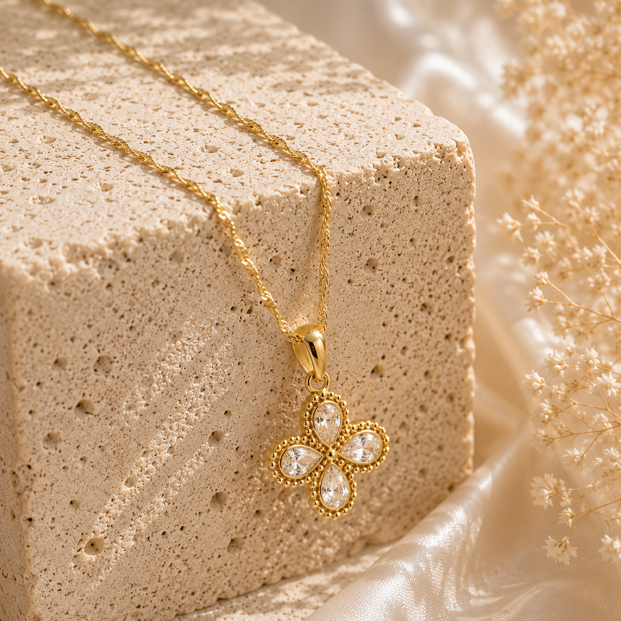 Blüten Halskette mit klaren CZ Zirkonia | Wellenkette 18K vergoldet | Mein Mantra