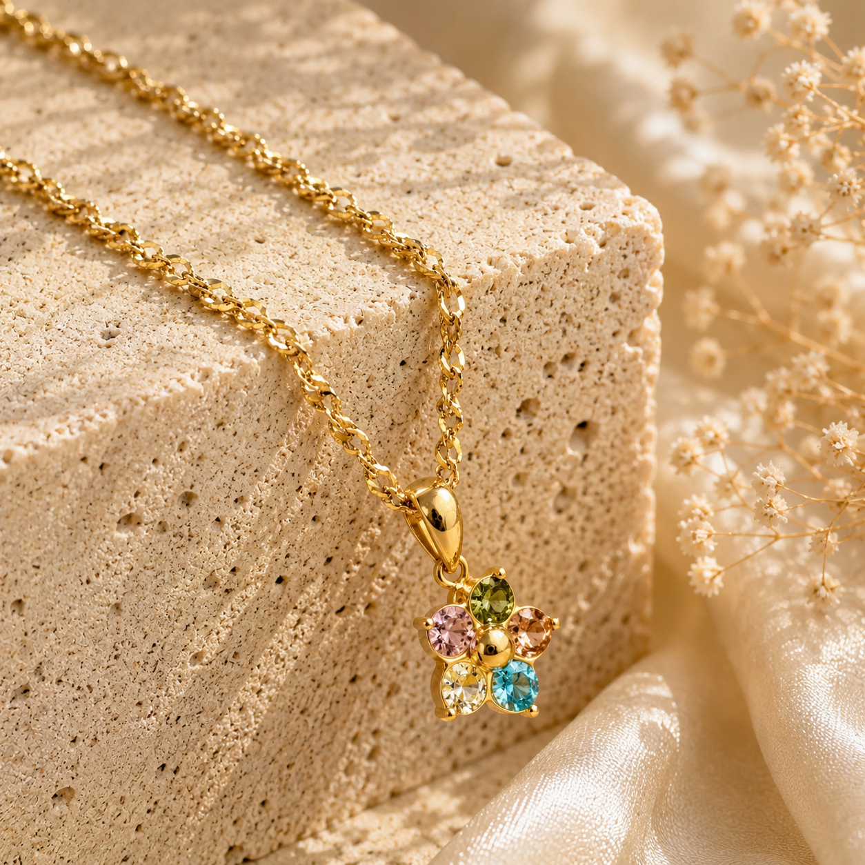 Bunte Blüten Halskette mit CZ Zirkonia | Wellenkette 18K vergoldet | Mein Mantra