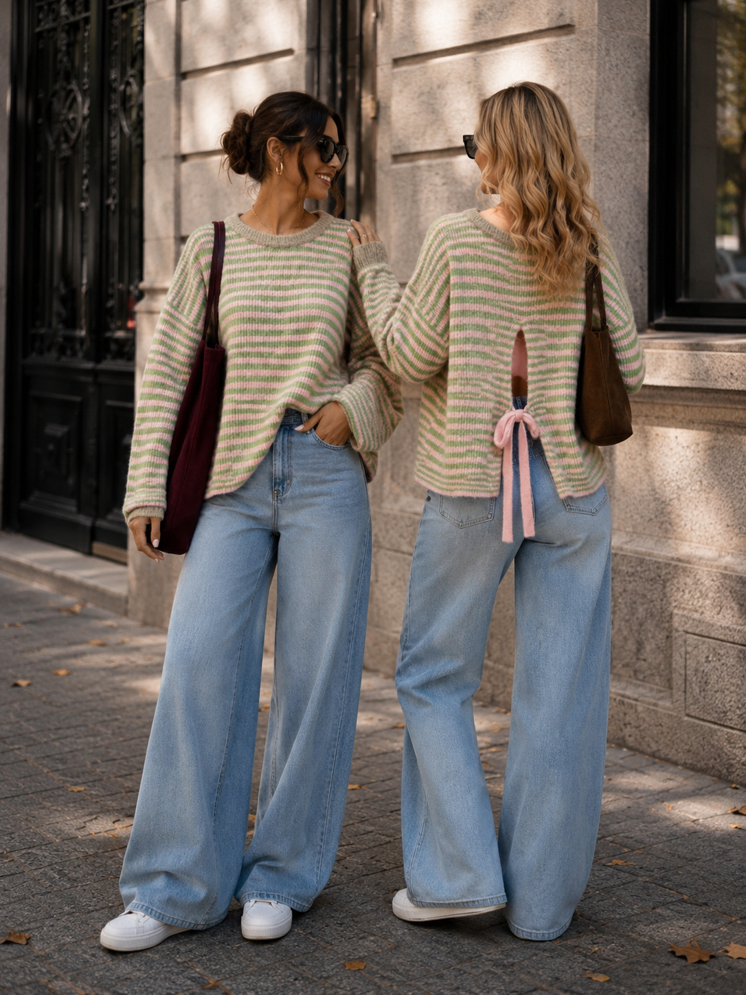 Cozy Stripes Sweater Strawberry Matcha – mit Schleifen-Detail am Rücken