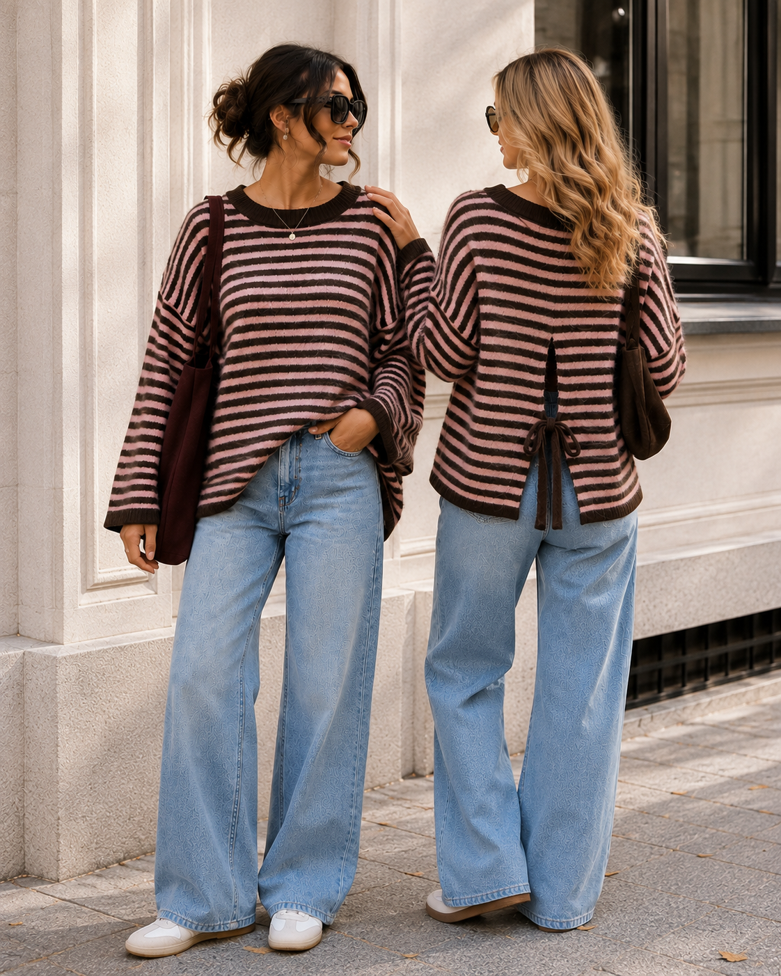 Cozy Stripes Sweater Rosa/Schoko – mit Schleifen-Detail am Rücken
