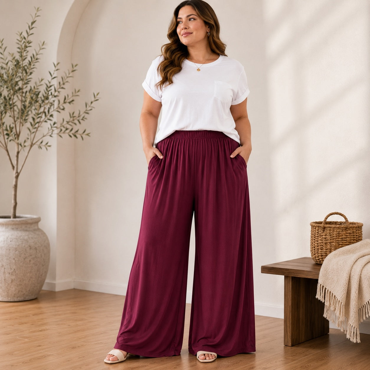 Curvy Palazzo Hose Weinrot – Viskose | Onesize (44–52)
