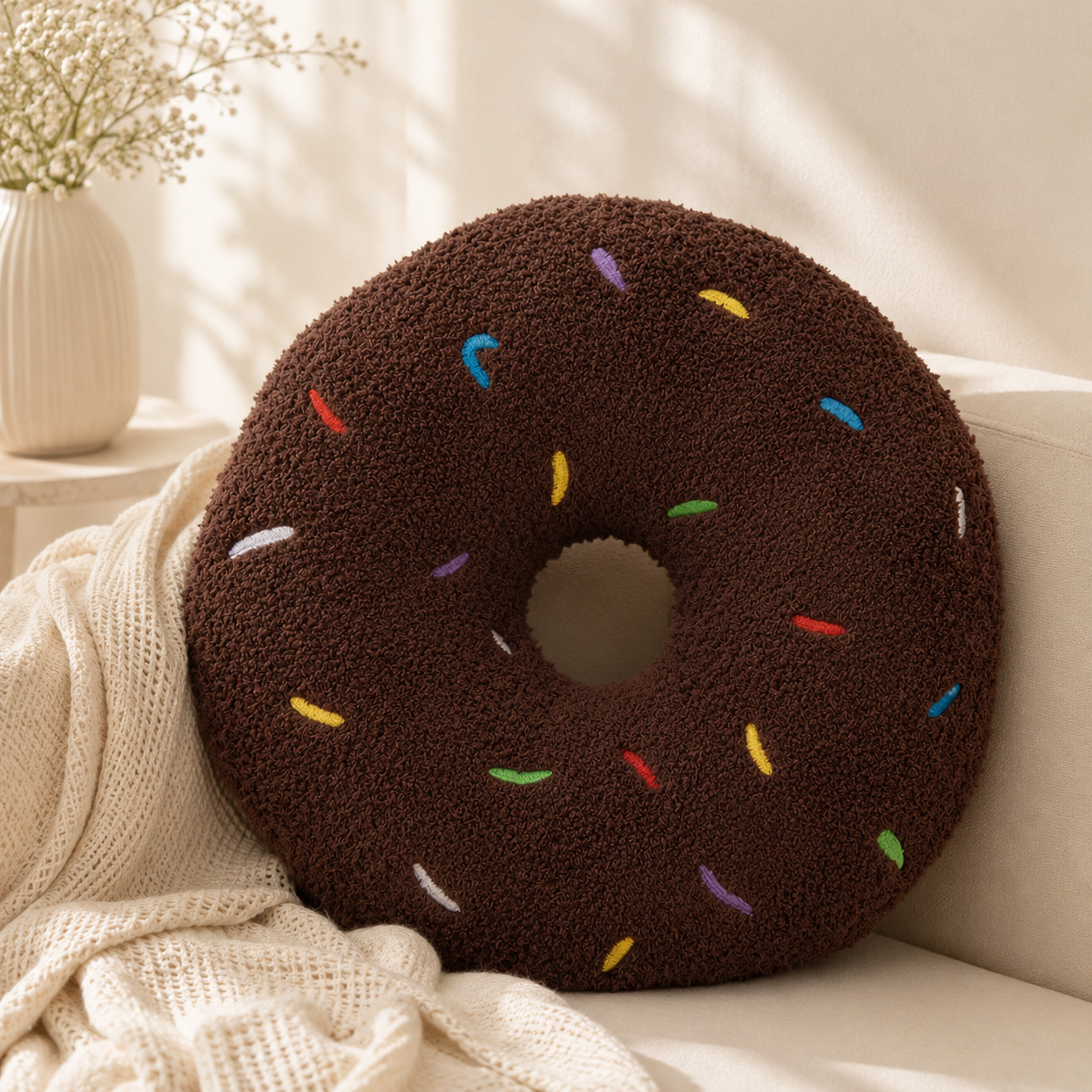 Donut-Kissen in Schokoladenbraun – Flauschiges Dekokissen mit bunten Streuseln