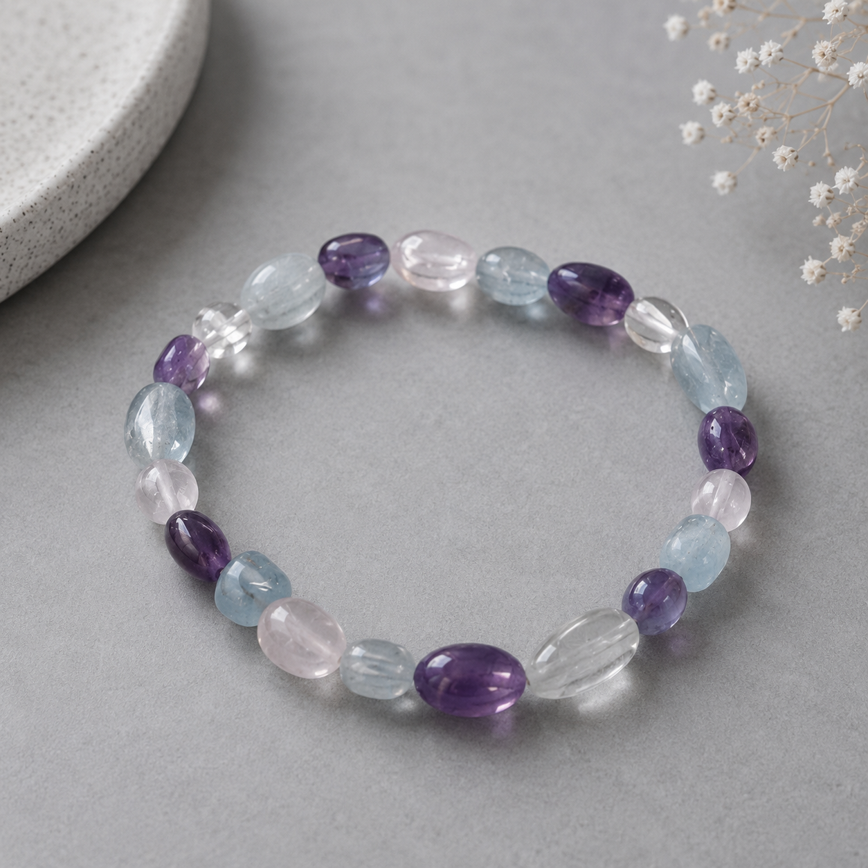 Nugget Edelsteinarmband mit Amethyst, Rosenquarz & Aquamarin