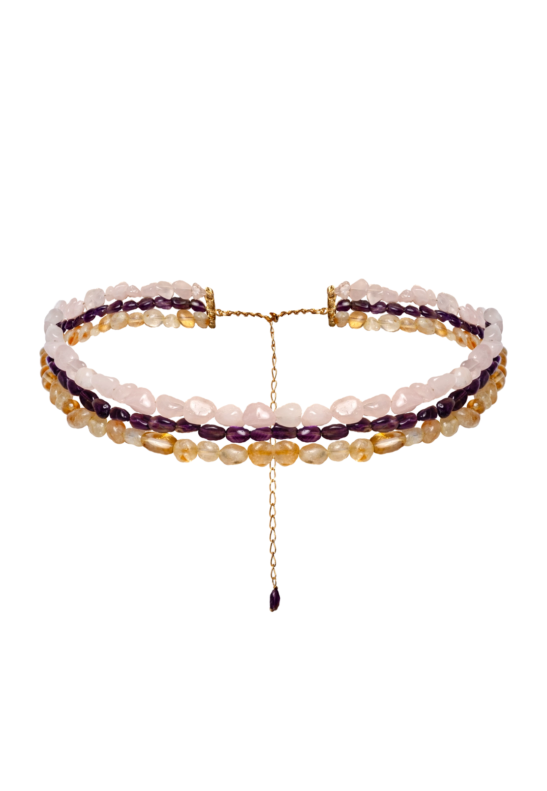 Edelstein Choker mit Citrin, Rosenquarz & Amethyst – Mehrreihig in Gold