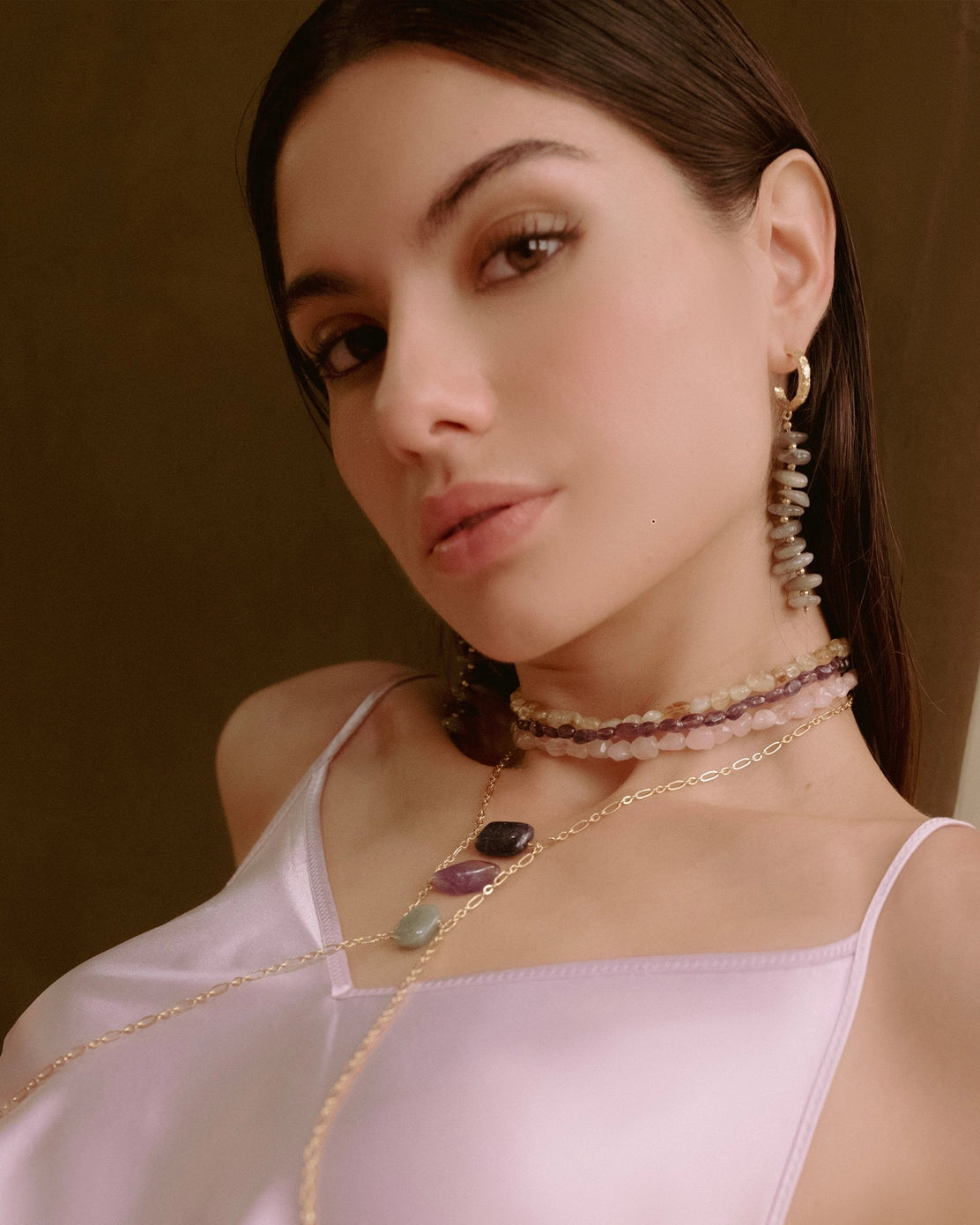 Edelstein Choker mit Citrin, Rosenquarz & Amethyst – Mehrreihig in Gold
