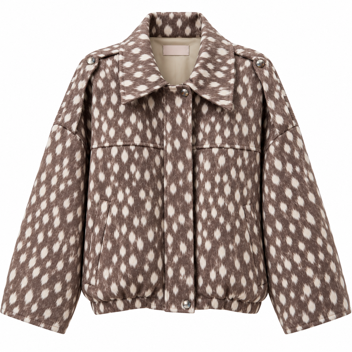 Fawn Print Oversize Bomberjacke in Dunkelbraun mit cremefarbenem Rehkitz-Muster, Umlegekragen und elastischem Saumbund – ANNURAH