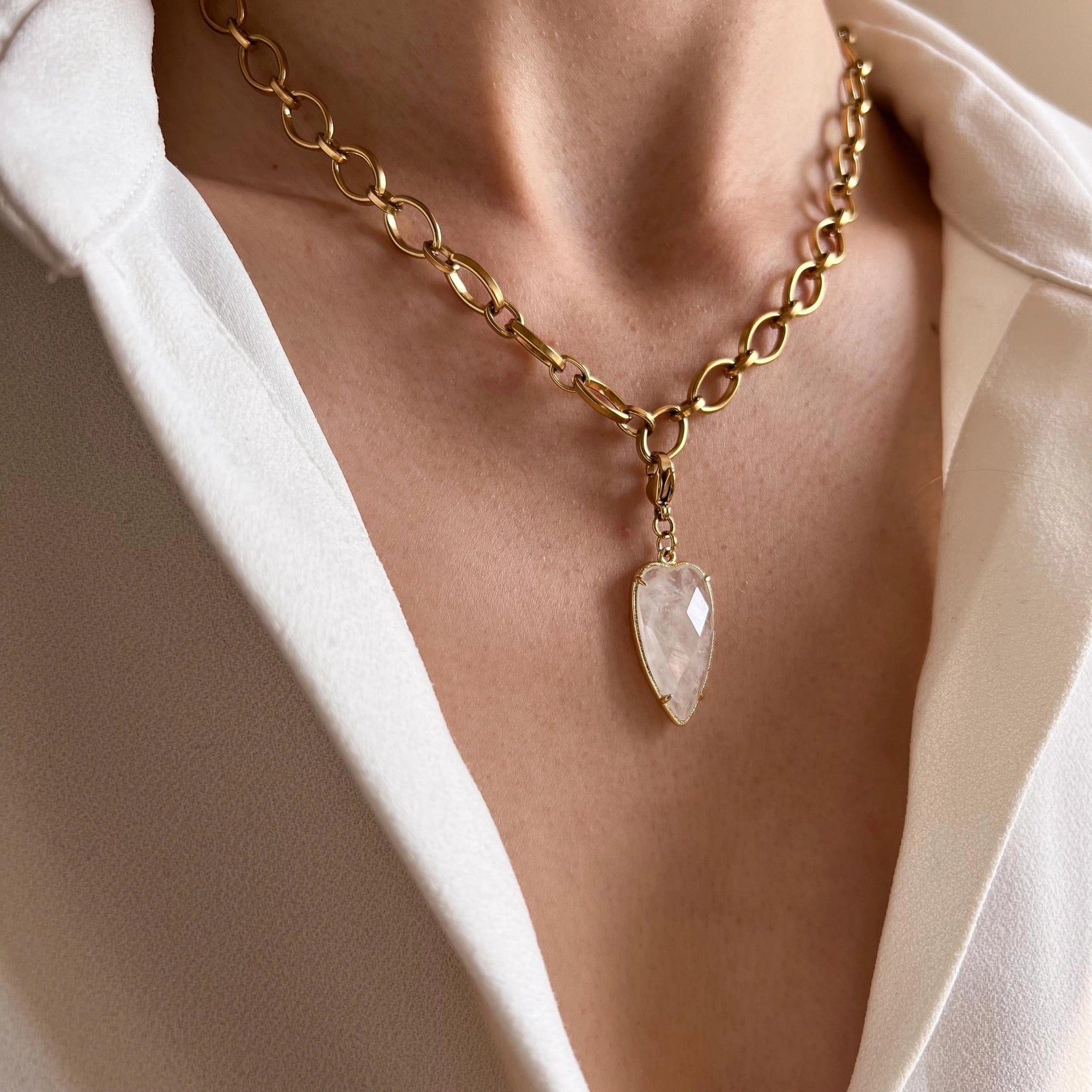 Halskette mit Bergkristall Anhänger – Edelstahl Kette mit austauschbarem Charm