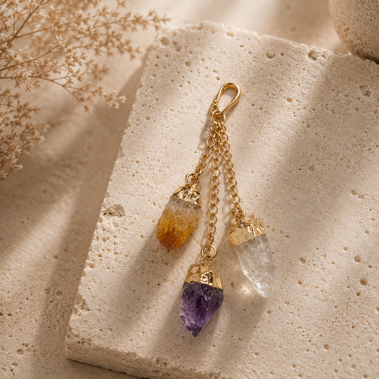 Triple Edelstein Anhänger mit Bergkristall, Amethyst & Citrin – Rohsteine