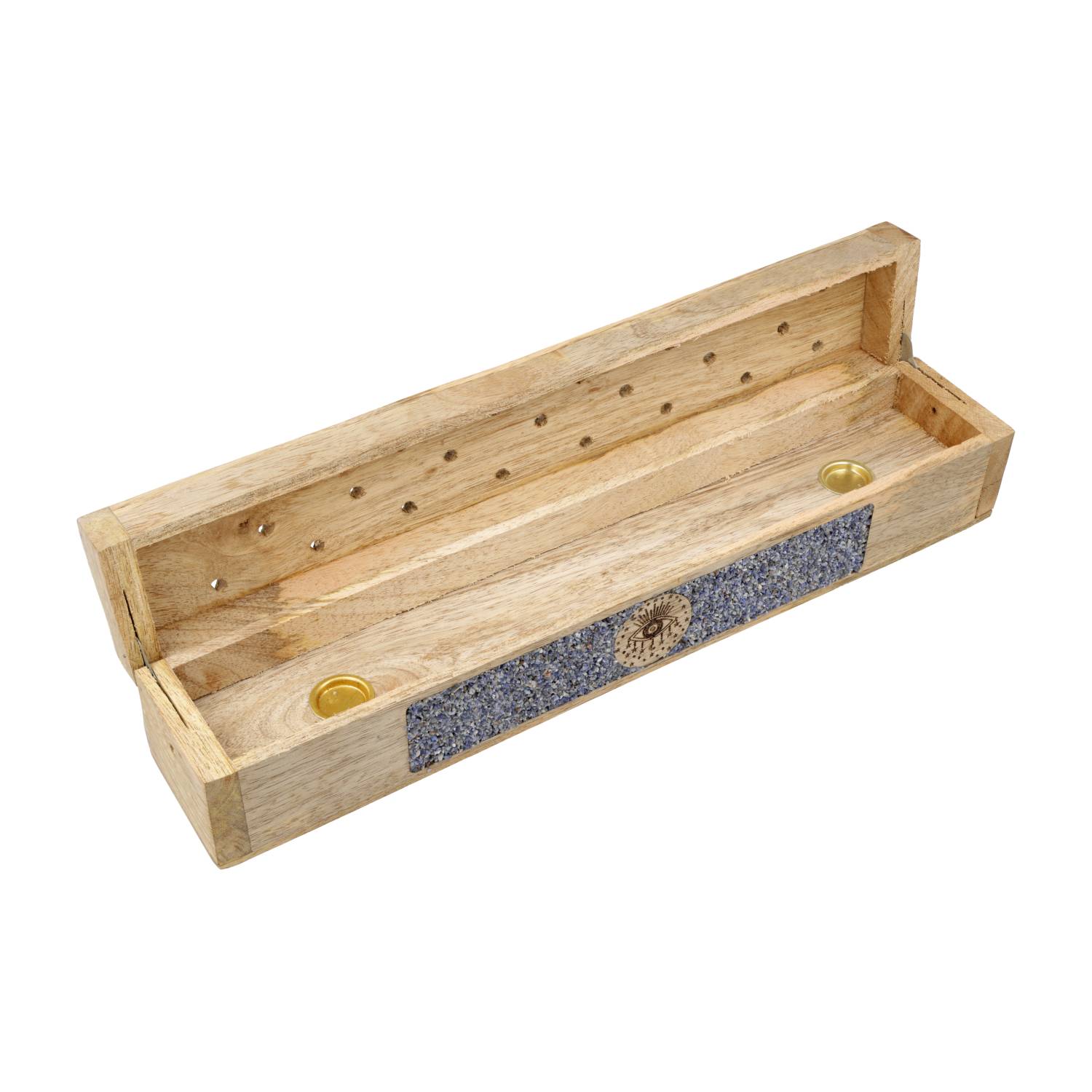 Räucherhalter aus Mangoholz mit Sodalith & Allsehendem Auge