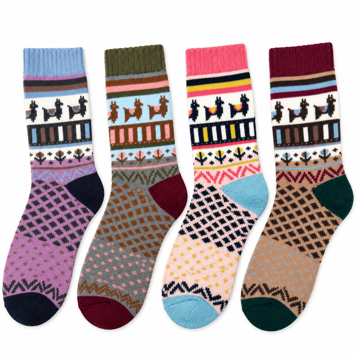 Kaschmir Wollsocken mit Alpaka-Motiv und buntem nordischem Muster